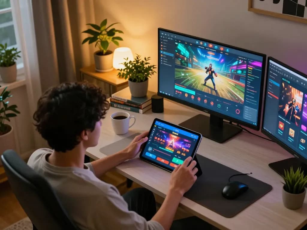 Kuwin gaming setup showing a user engaging with the casino app in a cozy home environment