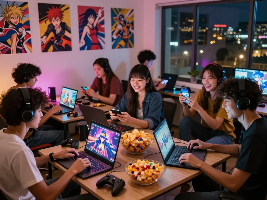 Gamers enjoying anime porn games in lively social setting with dim city lights.