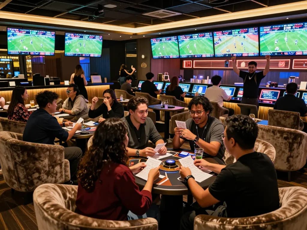 Fans celebrating sports wins while using OPEN88 COM betting app in a vibrant lounge
