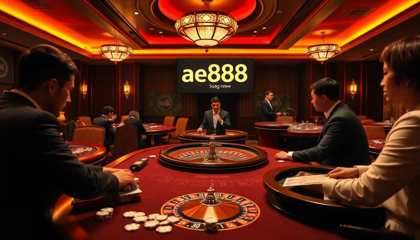Showcase a vibrant casino scene highlighting the link đăng nhập ae888 amidst players enjoying various games, emphasizing excitement and professionalism.