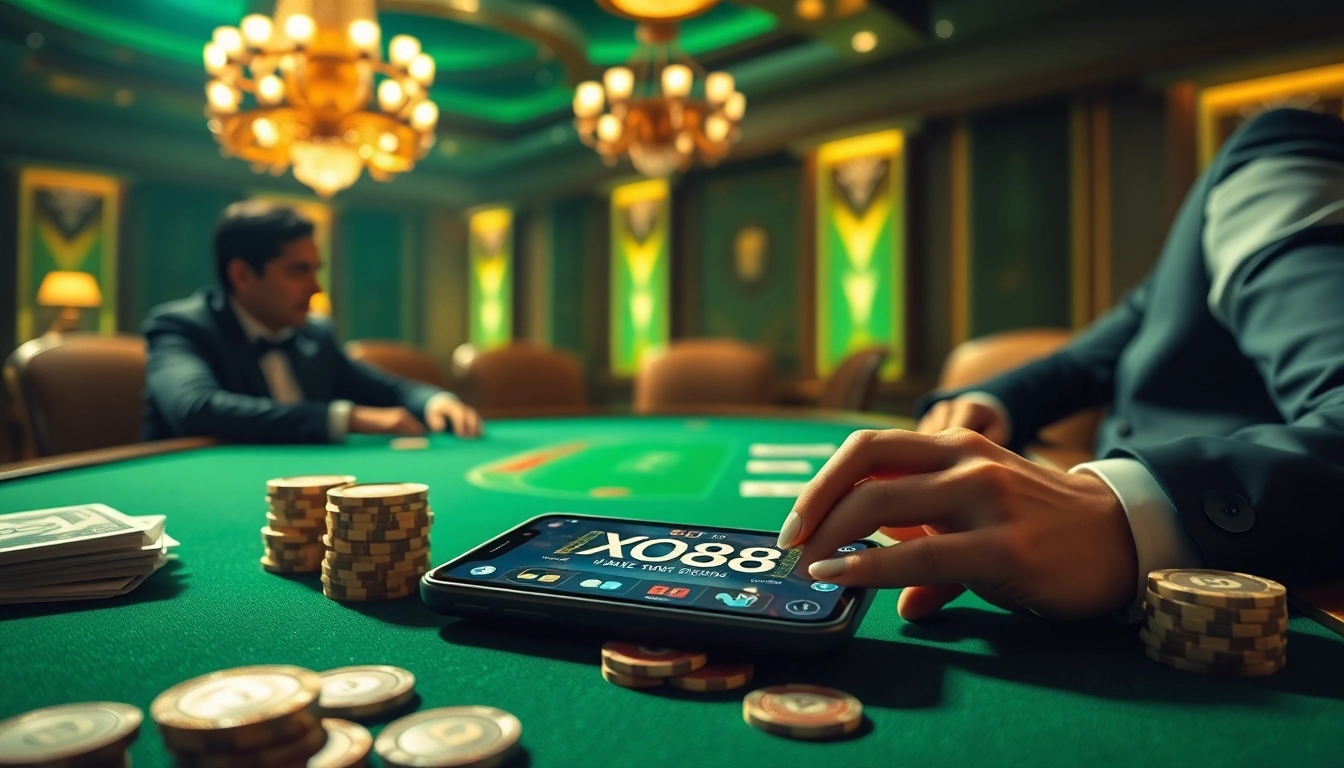 Engage with the excitement of xo88 at a luxurious poker table featuring elegant players and vibrant casino elements.