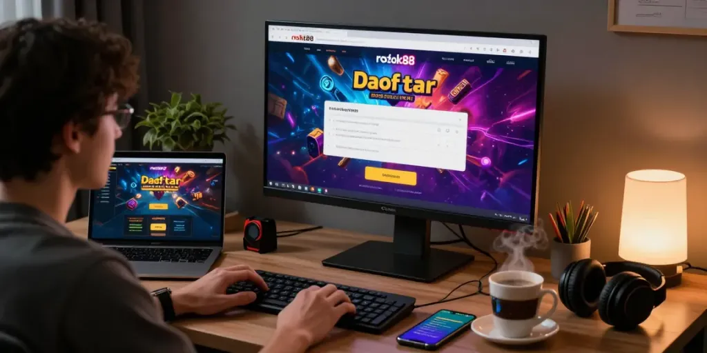 Registering on rokok88 daftar with an engaging online gaming setup showcasing vibrant graphics and personalized workspace.