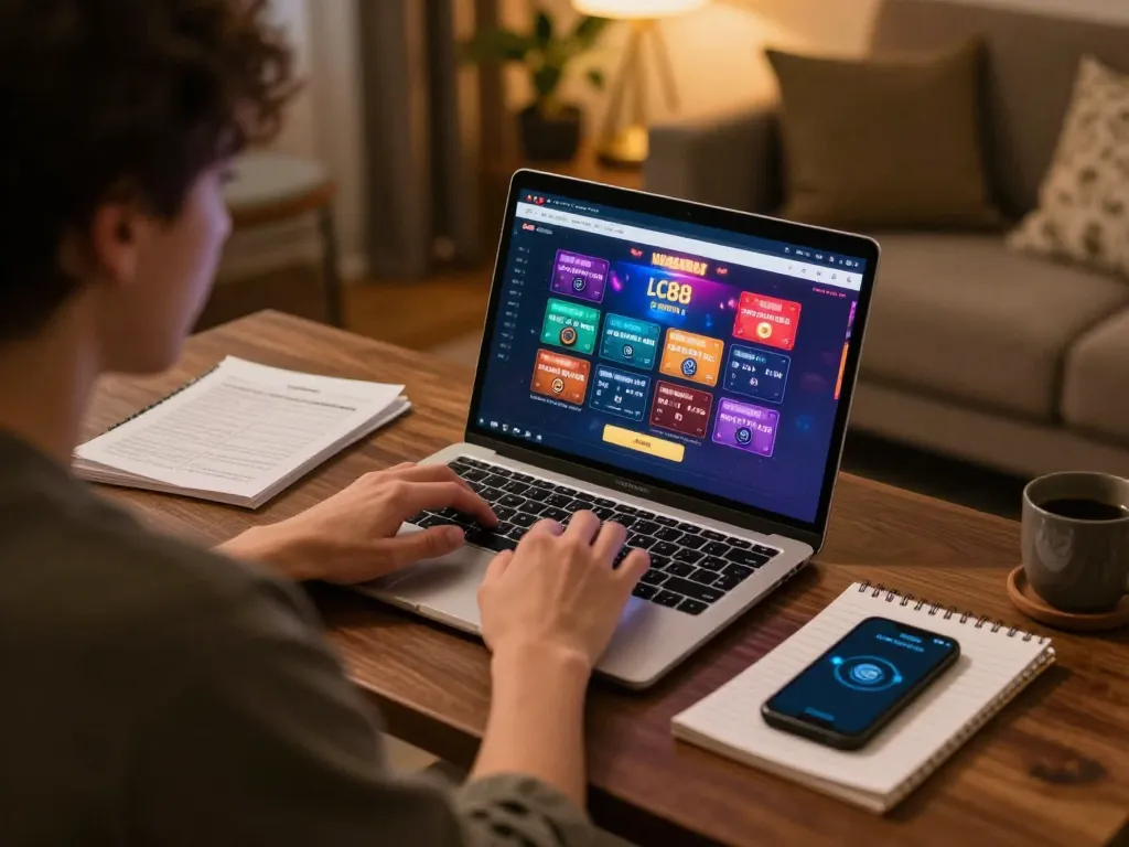 Engaged player using trang chủ lc88 online gaming interface while analyzing strategic notes.