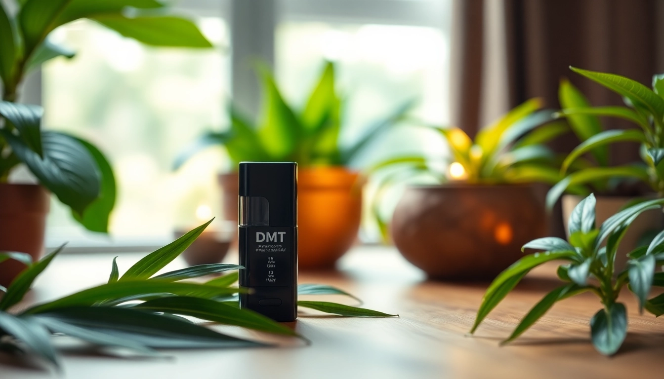 Buy DMT online: Premium DMT vape cartridge set against a botanical backdrop.
