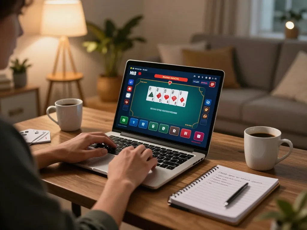 Player engaging in MK8 online casino gaming with poker interface visible on their laptop in a cozy living room.