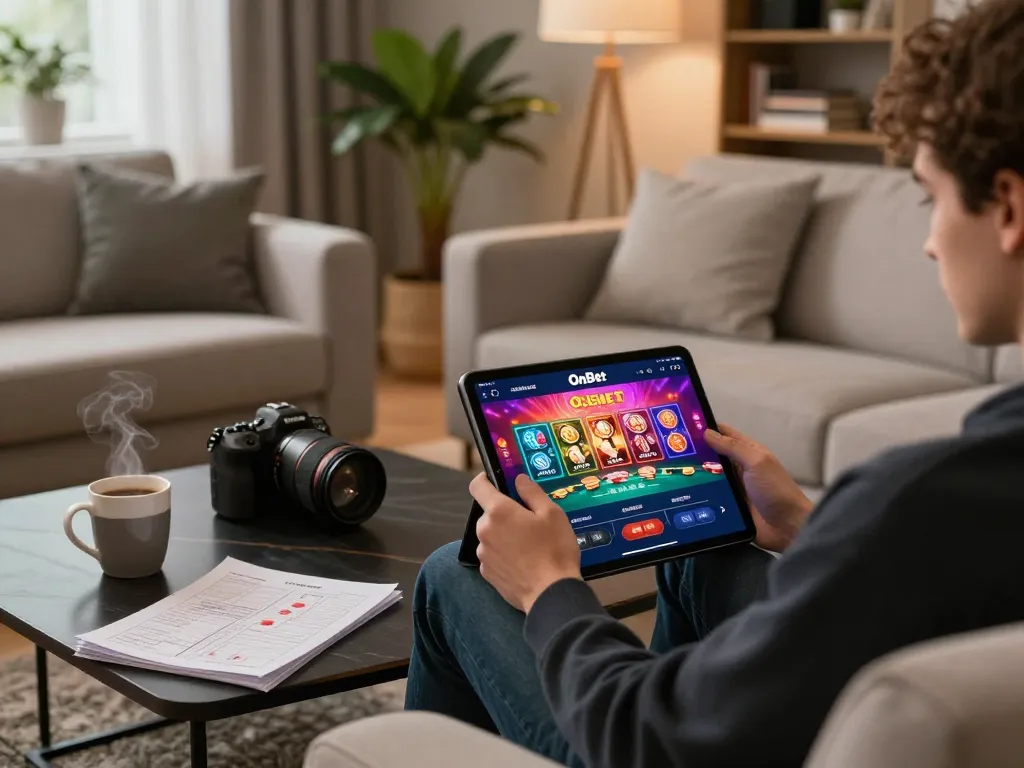Engaged player using the OnBet app for strategic online gambling in a cozy home setting