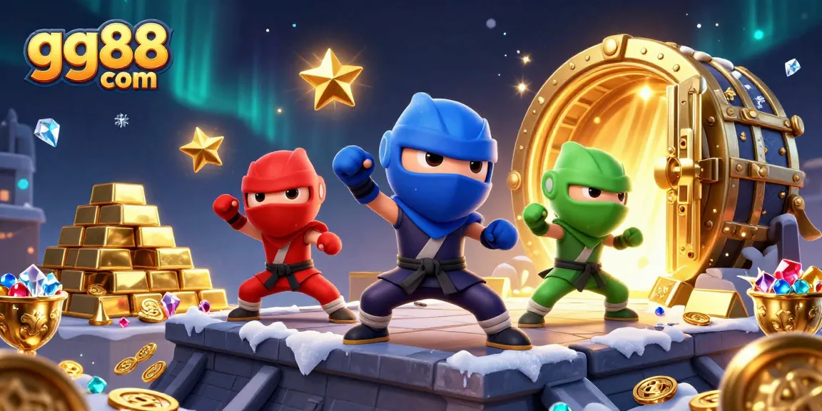 Engage in excitement at gg88 com with a vibrant casino scene featuring ninja chameleons and treasures.