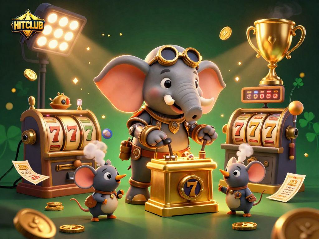 Experience HITCLUB’s dynamic slot gaming scene featuring a steampunk elephant engineer and casino elements.