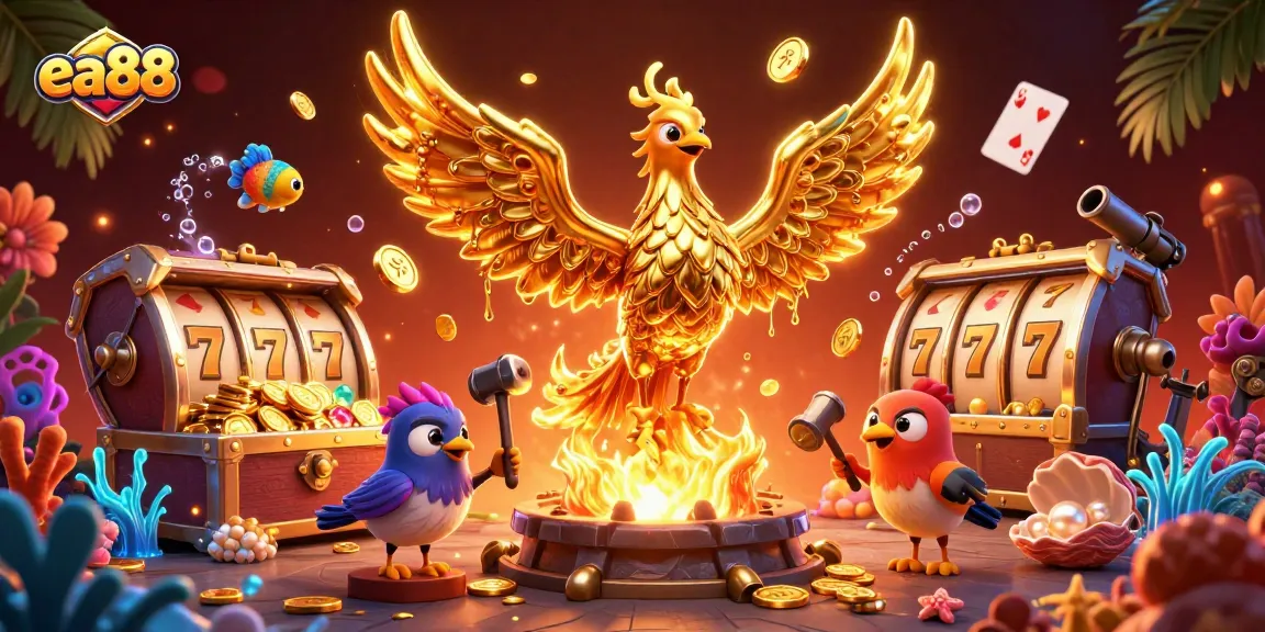 Experience the magical ea88 casino world as a molten golden phoenix drops coins while spinning slot reels.