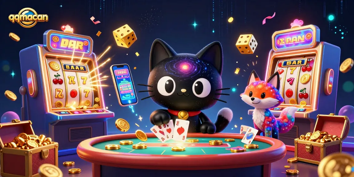 Experience thrilling gameplay with qqmacan, featuring a cosmic casino scene with animated slot machines and vibrant characters.