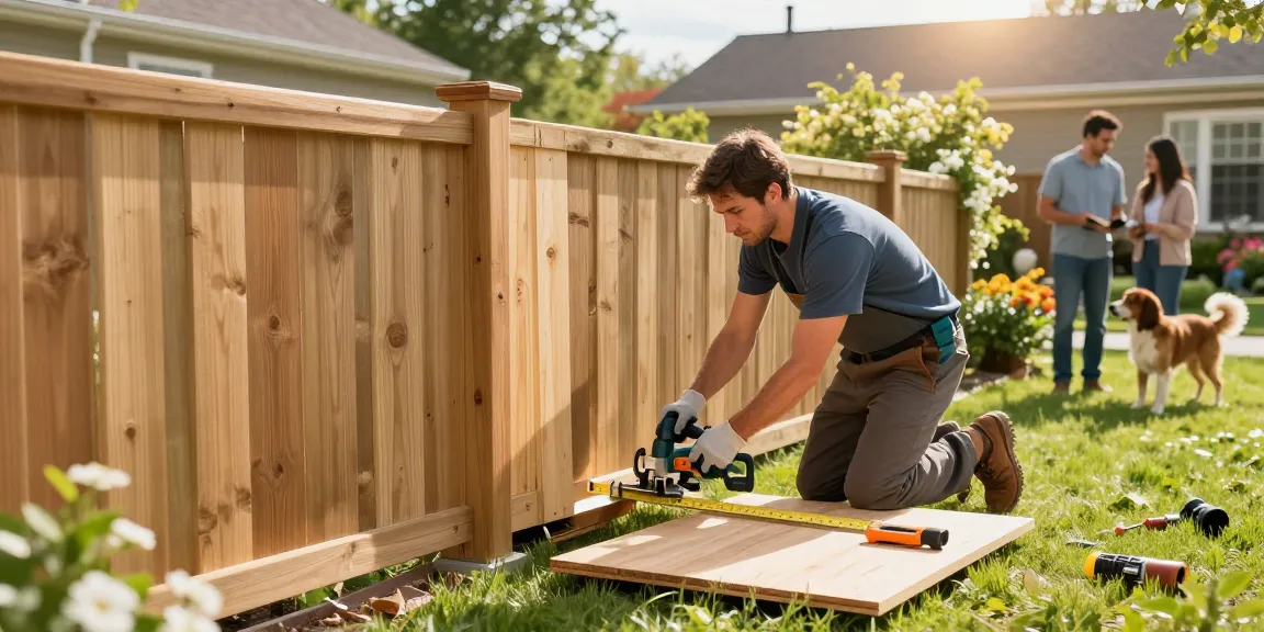 We fix fences and build fences with skilled tradesman installing a wooden fence in a sunny backyard.