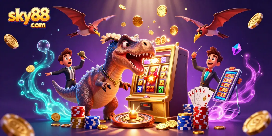 Catch jackpot wins at sky88 com with a pachycephalosaurus hitting a slot machine.