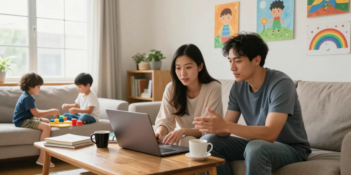 Parents sharing insights on rokok88 in a cozy living room, discussing parenting tips with children playing in the background.