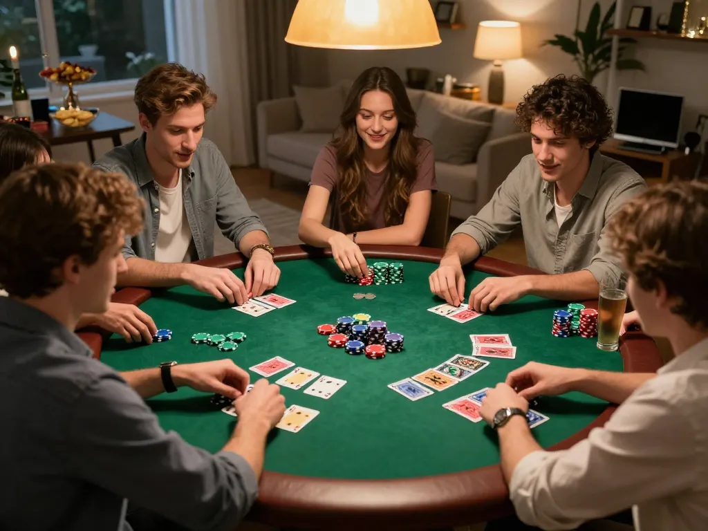 Friends engaged in a dynamic poker game at home, showcasing F168's exciting gaming atmosphere.