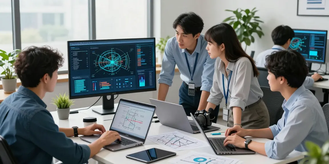 Business IT support services team collaborating on innovative solutions in a modern workspace.