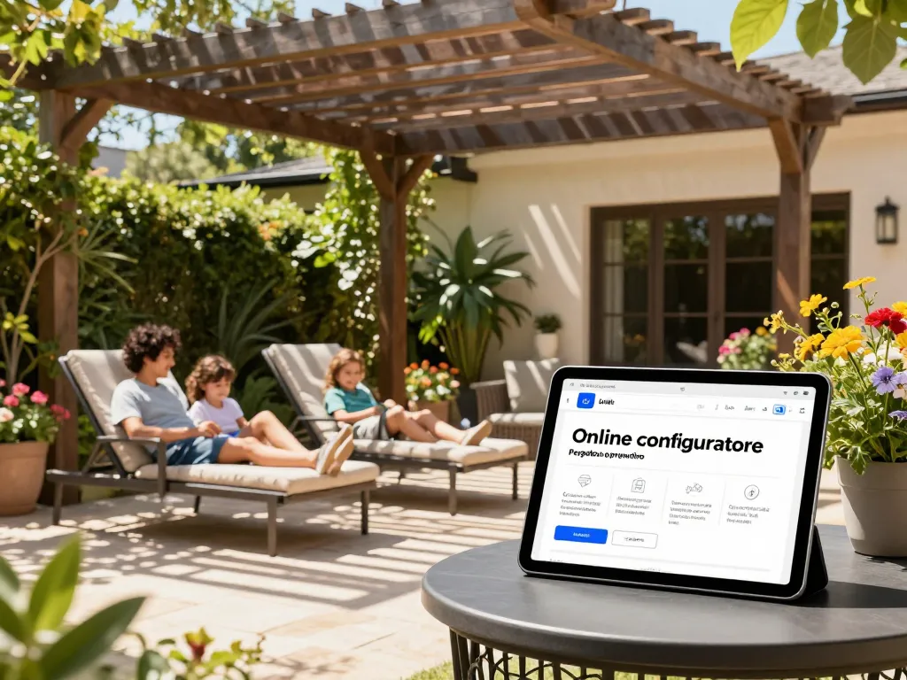 Famiglia che si diverte sotto una pergola personalizzata mentre utilizza il configuratore pergole con preventivo su un tablet, circondata dal verde.