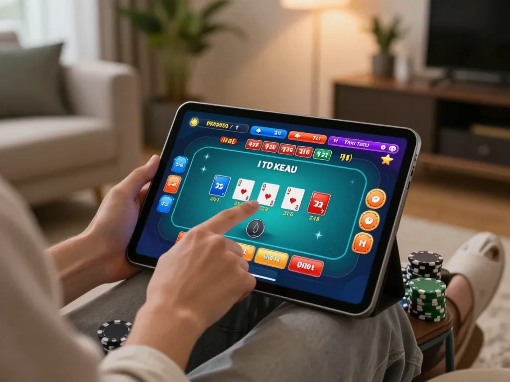 tg88 trang chủ player preparing for an online poker game on a tablet in a cozy home setting