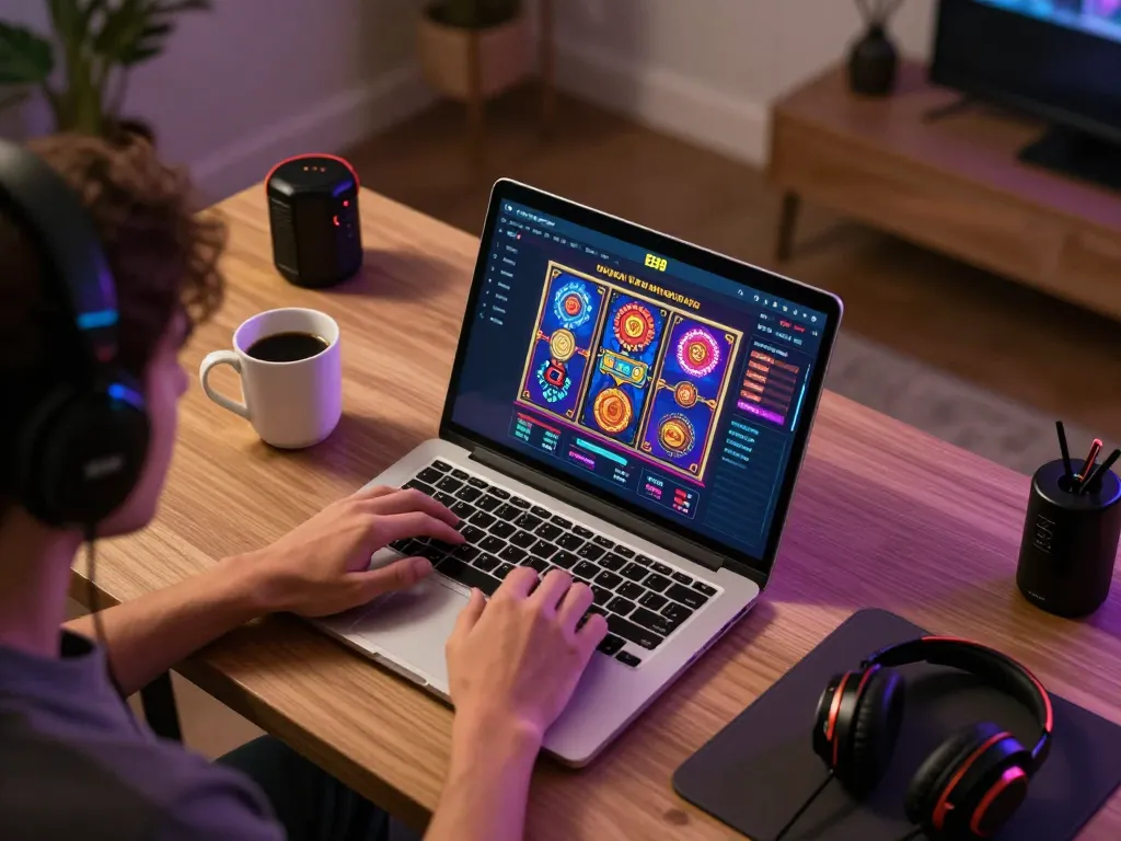 Engaging in online gaming at EE88, showcasing a dynamic gaming interface and cozy atmosphere.