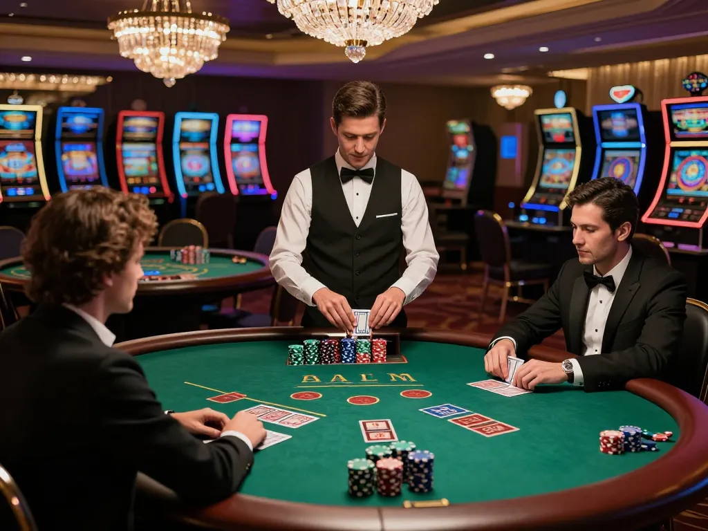 98win vin blackjack players strategizing their next move at a luxurious casino table.
