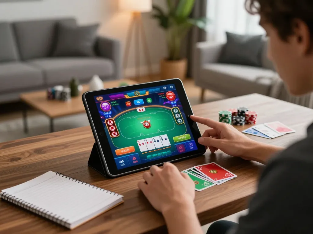 Player strategizing poker strategies on sunwingo tablet with vibrant online casino interface