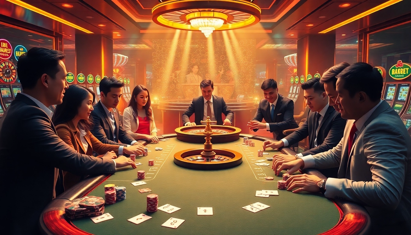 Experience the excitement of 8kkbet.com with energetic gamblers at a luxury poker table.