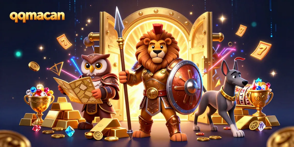Engage with qqmacan's exciting slots featuring a Spartan lion, owl, and greyhound amidst treasure.