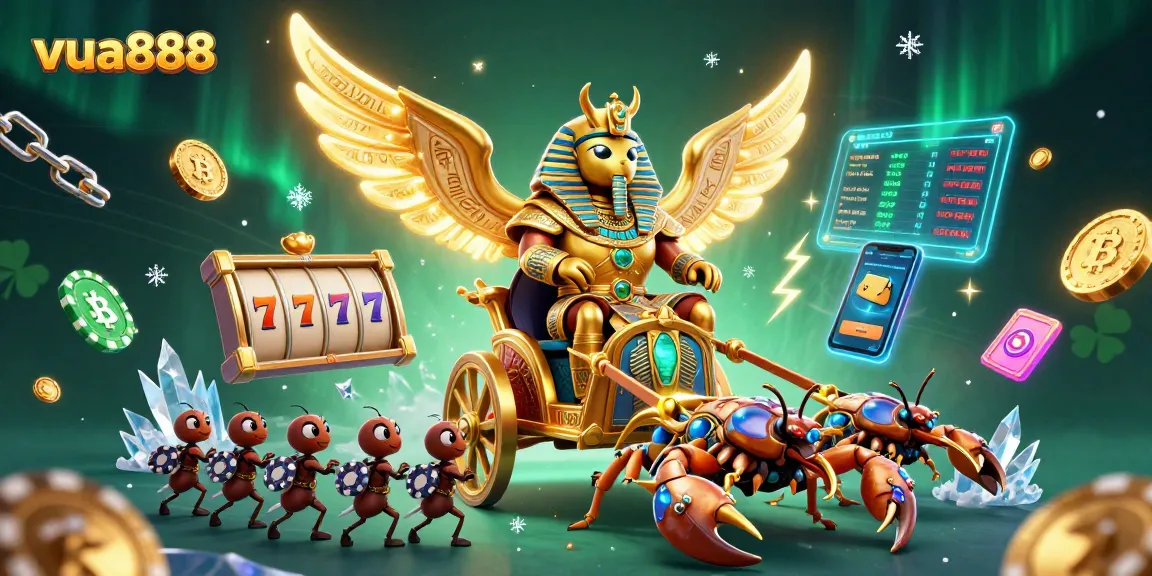 Experience the excitement of slots at vua888 with colossal beetles, vibrant coins, and dynamic gaming elements.