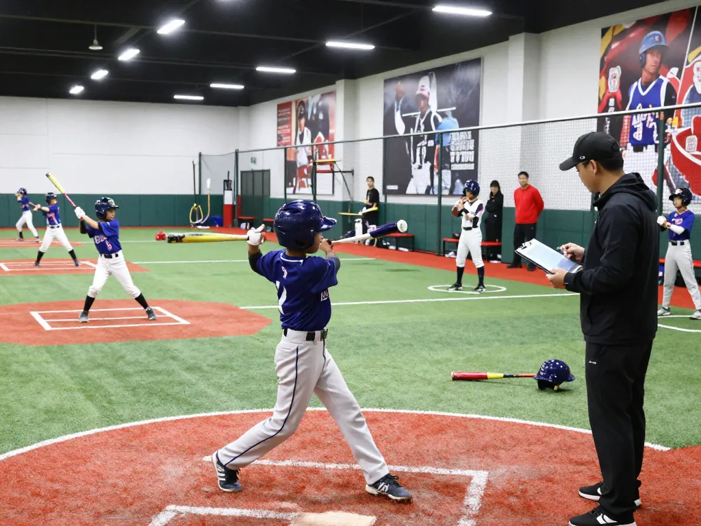 Engaged youth athletes at hitclub baseball training session with coaches providing guidance.