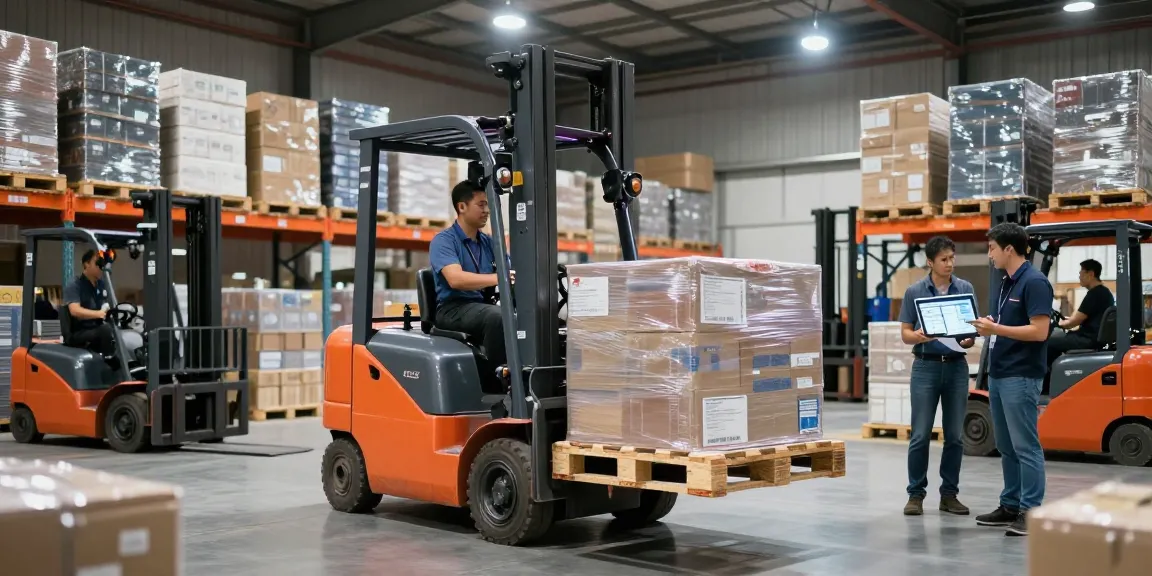 Electric loader efficiently lifting pallets in a bustling warehouse, showcasing modern material handling.
