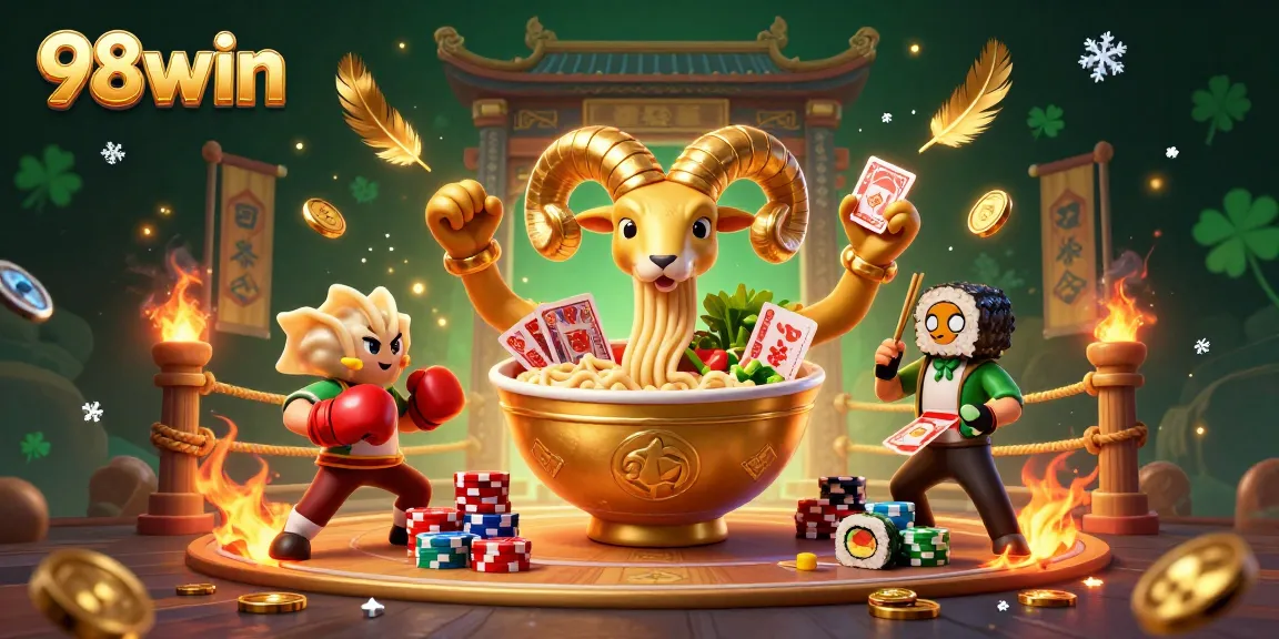 Join the action with 98win, where a golden ramen bowl deals cards amid swirling game elements and excitement.