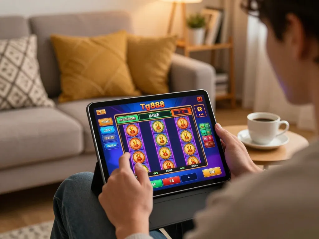 Player using tg888 tablet for online Casino gaming with a slot machine interface.