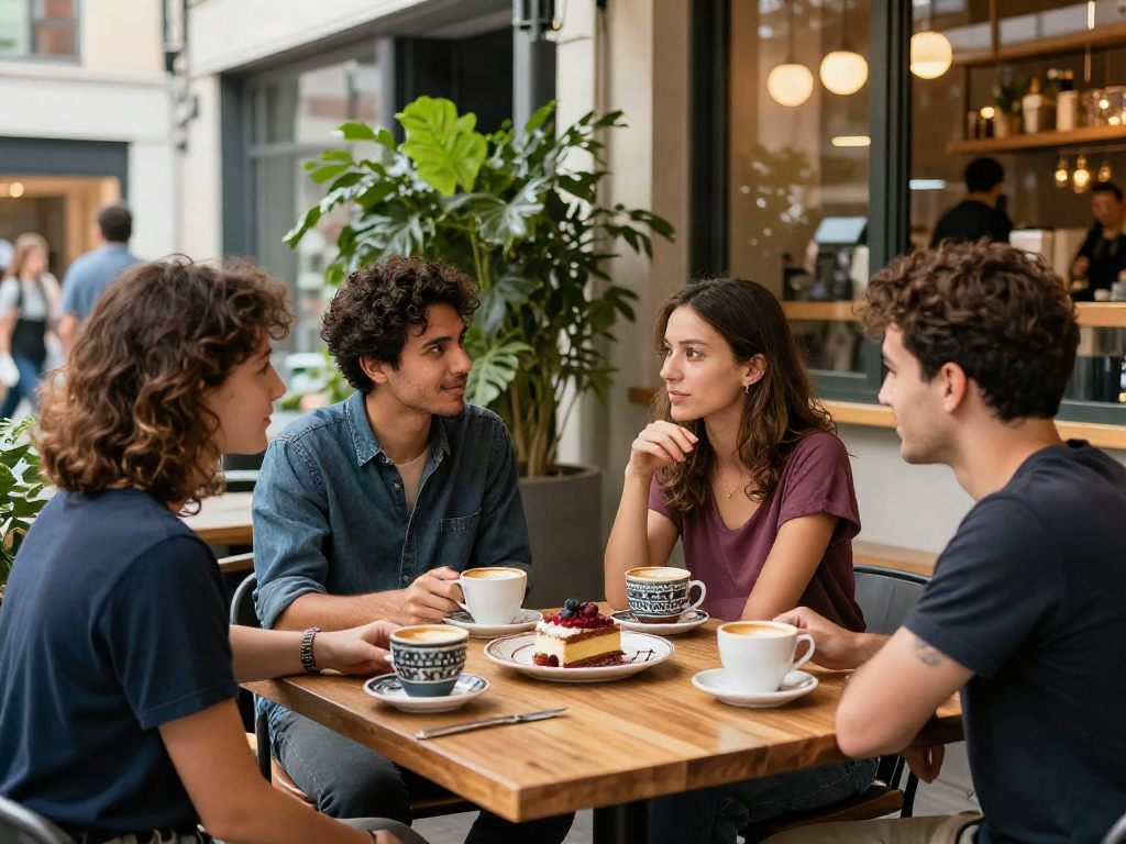 Friends enjoying their time at a café with rokok88 branding atmosphere.