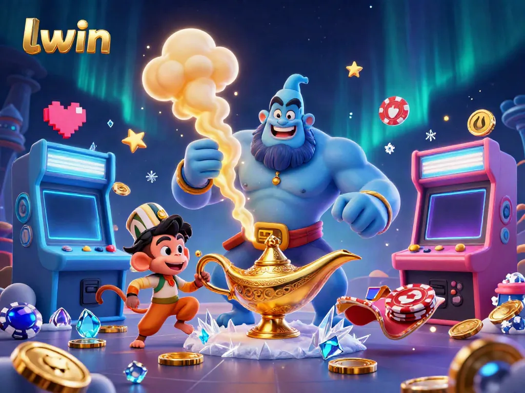 Experience llwin with engaging 3D visuals of a genie granting casino wishes amidst vibrant gaming elements.