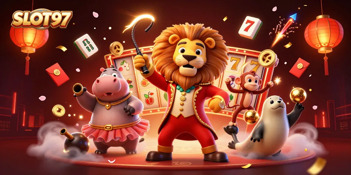 SLOT97 showcases a vibrant casino scene with animated characters and iconic game symbols, delivering thrilling gameplay.