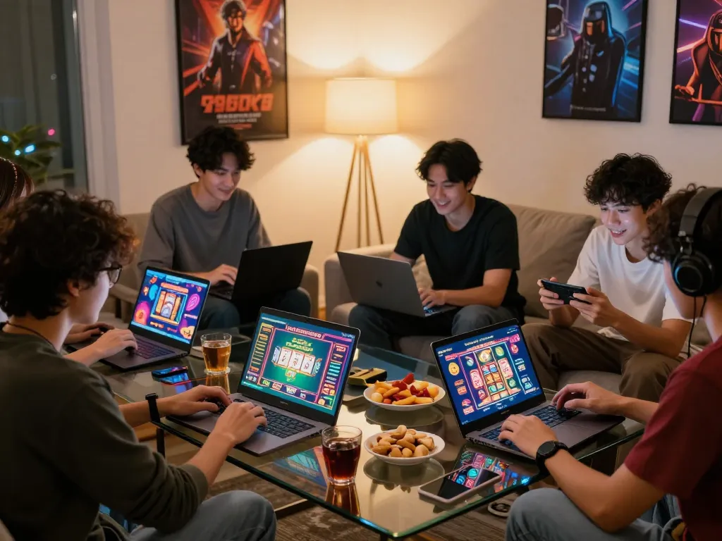 Engaged gamers exploring online casino offerings at https://789clubweb.com/ in a lively home setting.