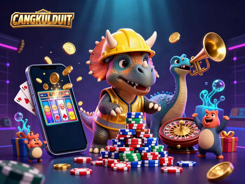 CANGKULDUIT showcases a joyful scene of a triceratops and friends celebrating with poker chips and slot games.