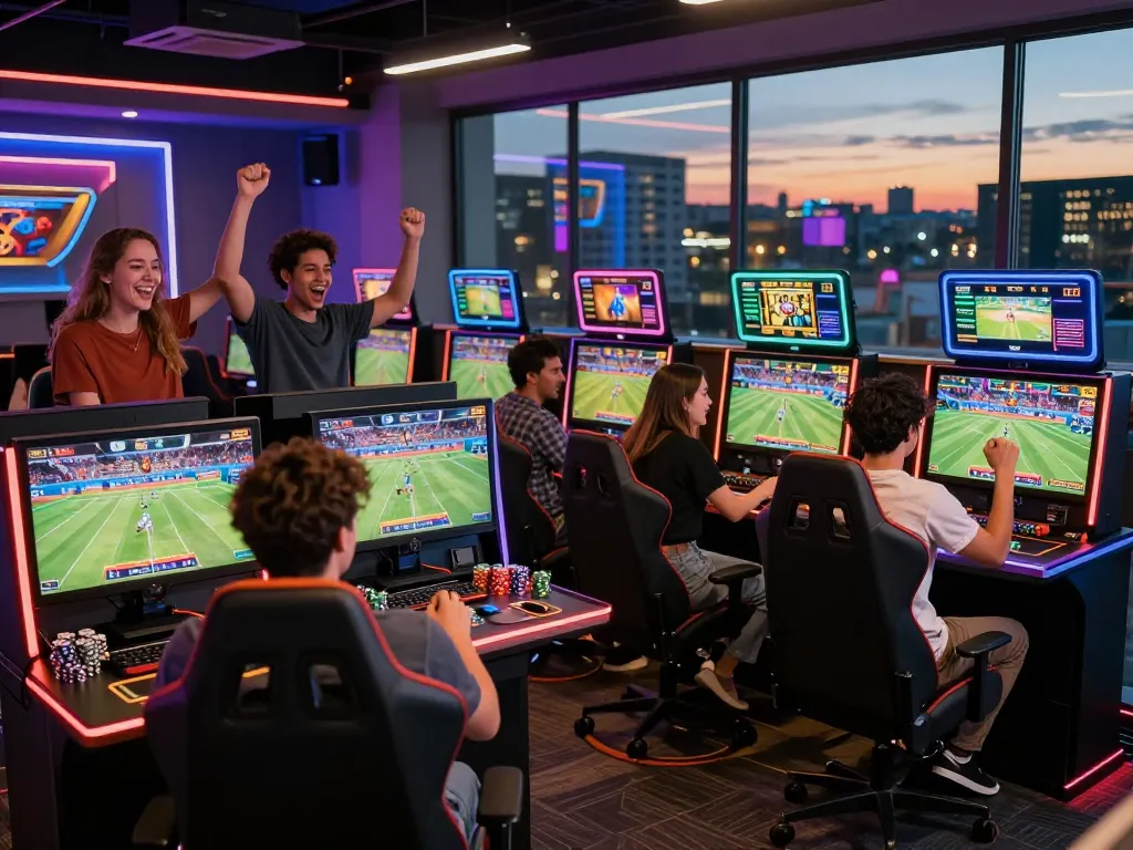 Friends celebrating a big win at the TT88 online gambling lounge, showcasing vibrant sports displays and gaming excitement.