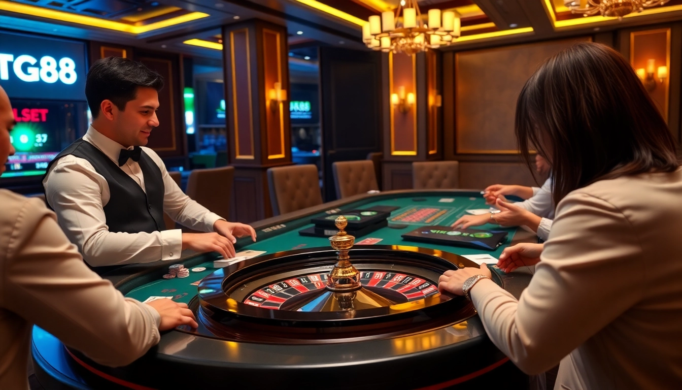 Players enjoying casino games at TG88, featuring chips and cards on a stylish gaming table.