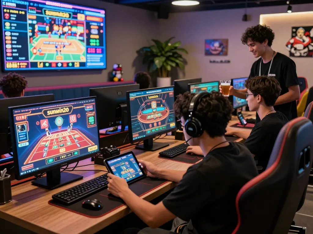 Players enjoying the vibrant sunwin20 gaming platform in a modern lounge.