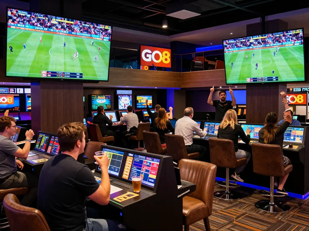 Fans engaging in Bundesliga betting at GO8's vibrant sports lounge, showcasing excitement and social interactions.