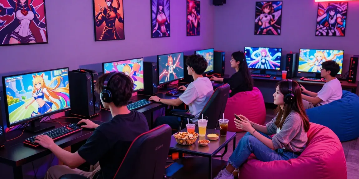 Friends playing an engaging hentai game in a vibrant gaming lounge with colorful lighting and immersive graphics.