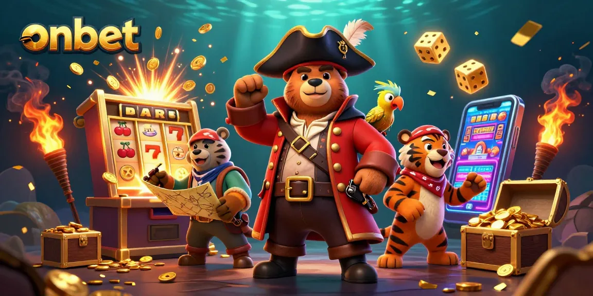Experience thrilling wins at onbet with a vibrant casino scene of pirates, treasure, and excitement.