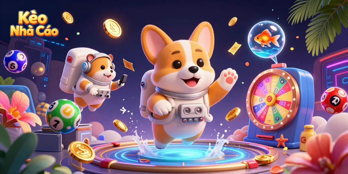 Experience Kèo Nhà Cái excitement with a cartoon corgi in a space casino, floating with colorful lottery balls and golden tickets.