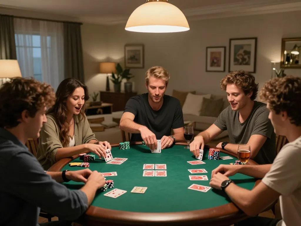 Engaging poker game in lively home setting showcasing Trang chủ Five88 players in action.