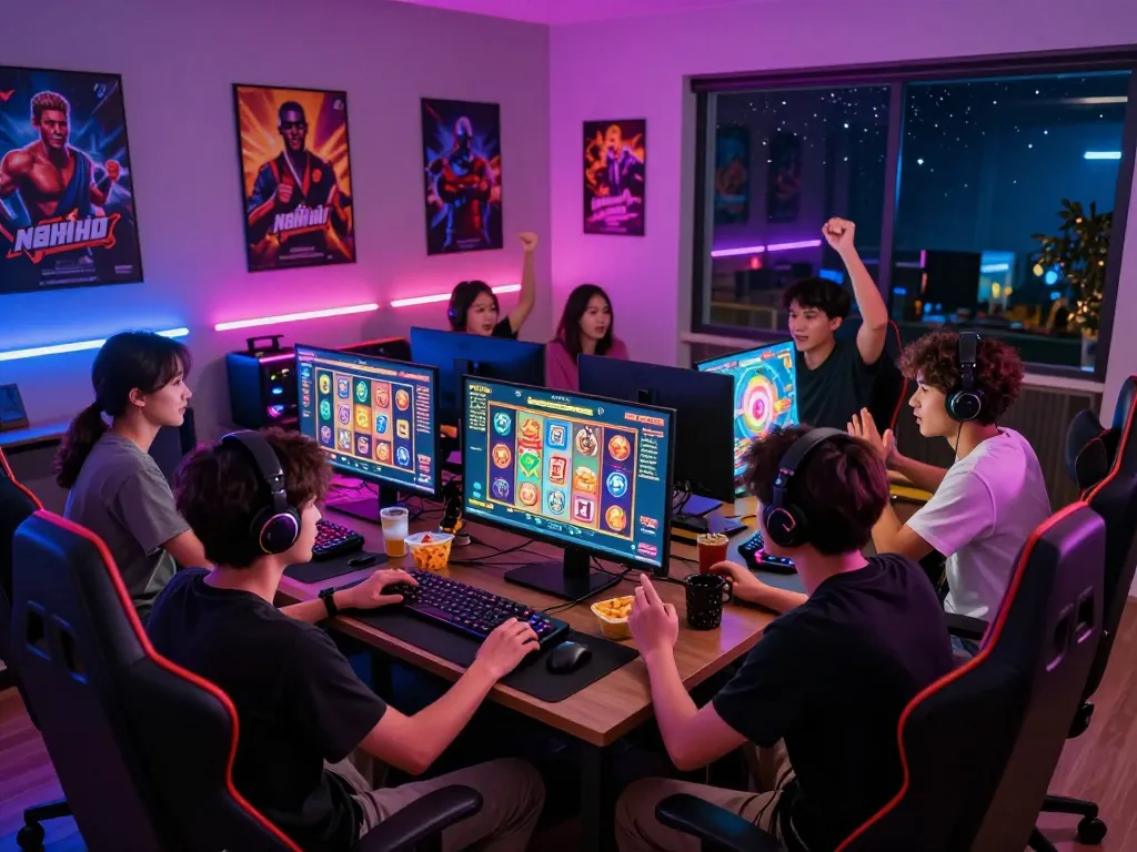 Group enjoying game nổ hũ in a lively gaming room with snacks and colorful lights.