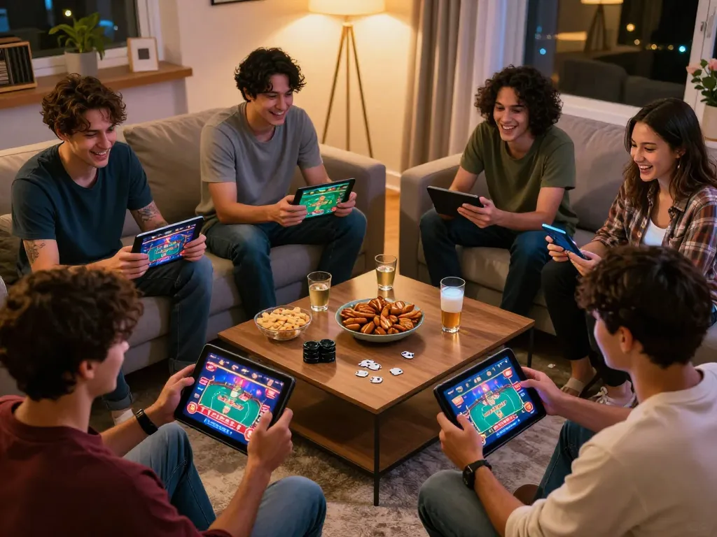Players enjoying tubidy mp4 content on mobile devices during a fun home poker night, showcasing friendly competition.