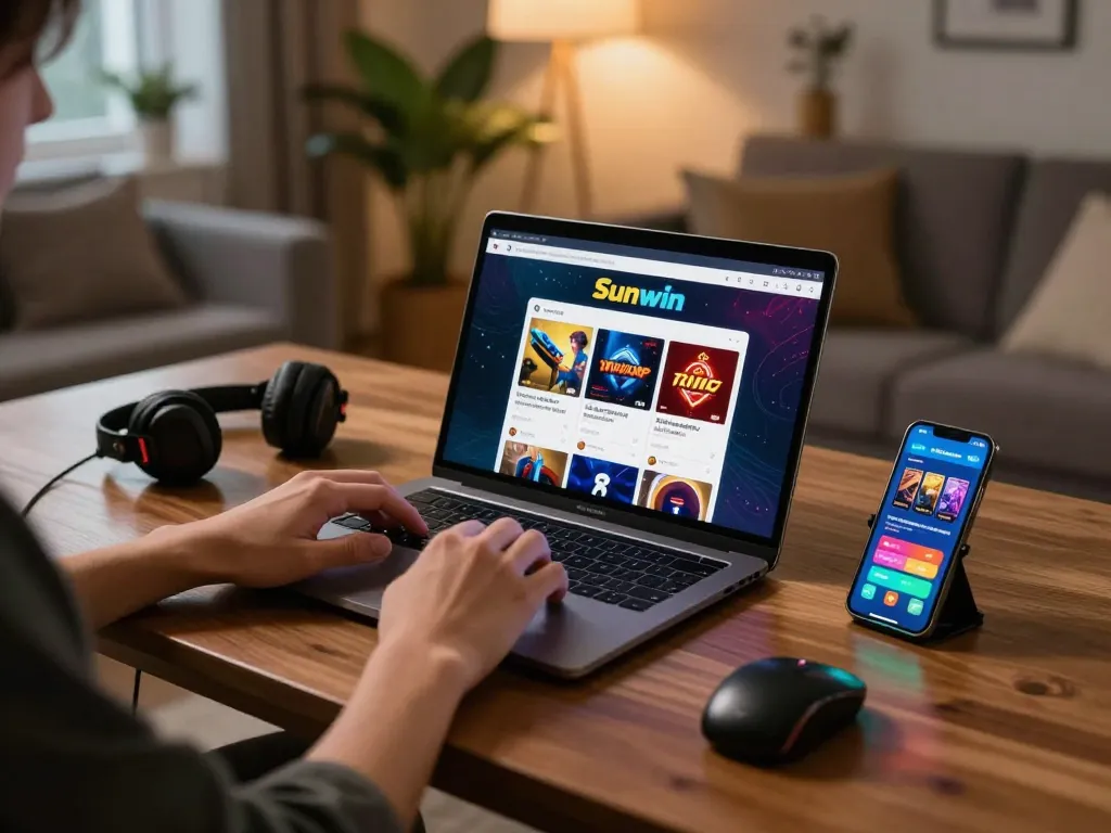 Engaged player enjoying the Sunwin casino app on a laptop during an online gaming session.
