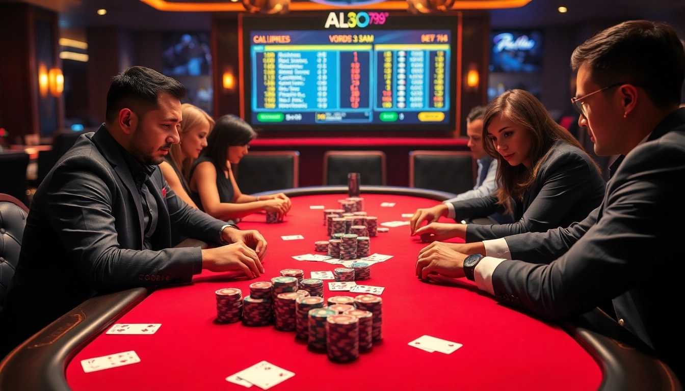 A thrilling poker game at a luxurious casino featuring alo789 vn branding amidst vibrant colors and dynamic atmosphere.