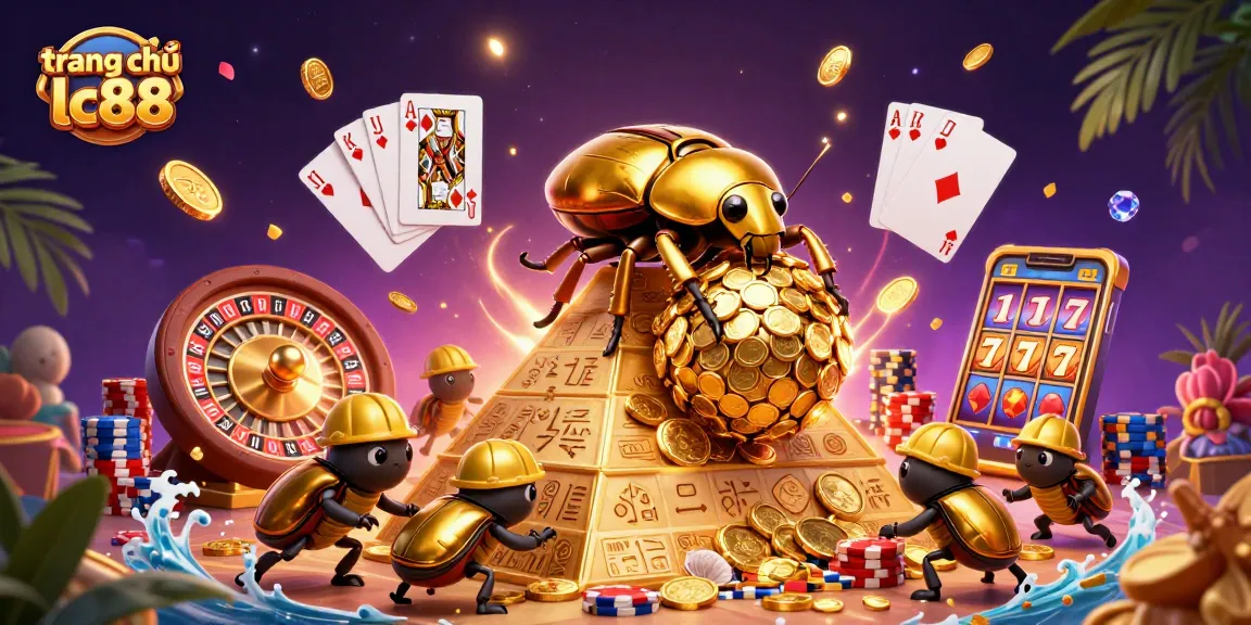 Experience excitement at trang chủ lc88 with dazzling casino adventures featuring golden beetles, coins, and roulette.