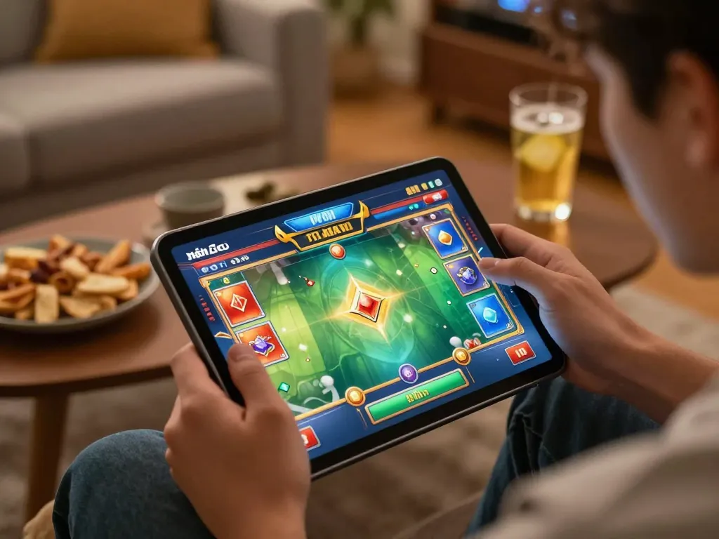 Engaged player enjoying online gaming on nhà cái 98win tablet with vibrant interface